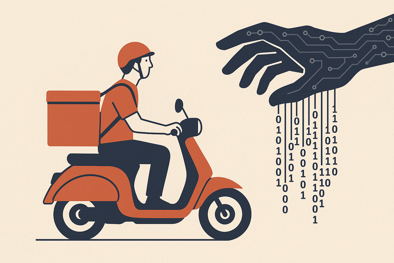 Ilustração de um entregador de aplicativo em scooter sendo manipulado por uma mão feita de circuitos, simbolizando o controle algorítmico das plataformas digitais.